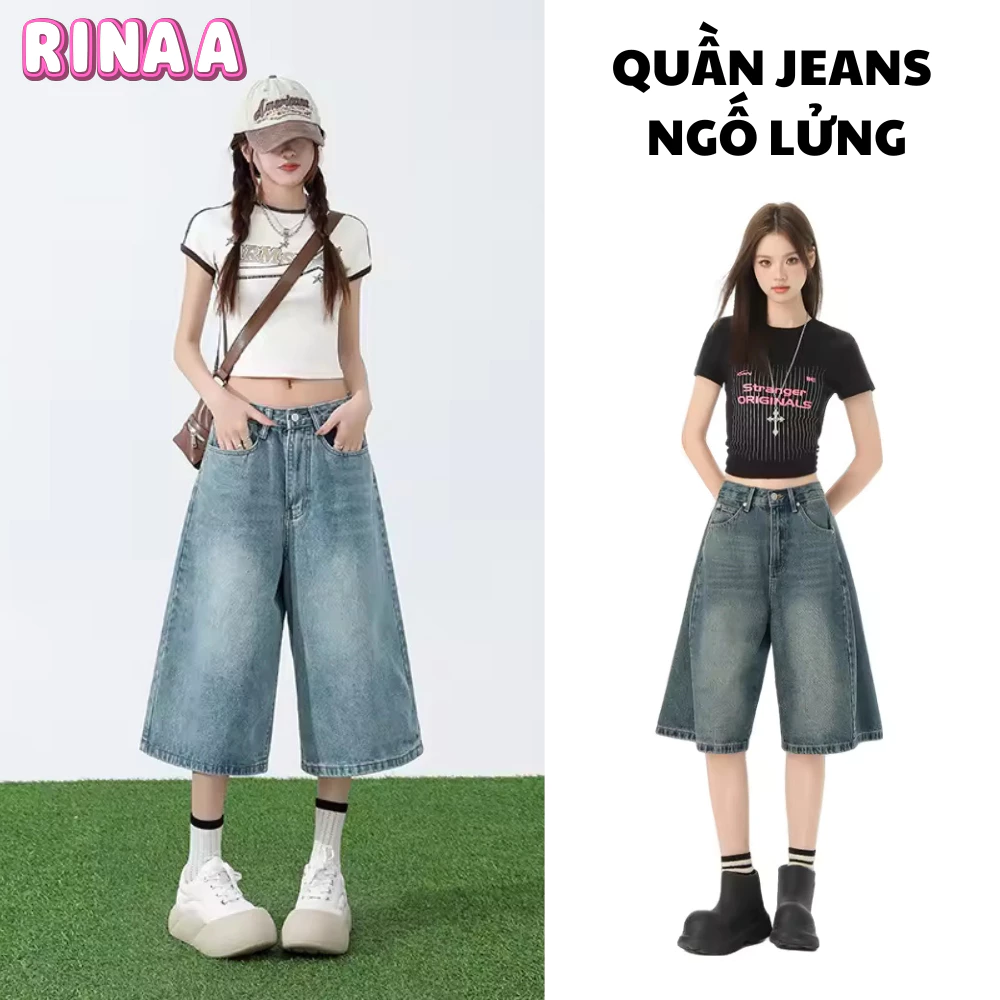 Quần ngố Jeans lửng RINAA, quần short bò ngố wash ống rộng form unisex nam nữ phù hợp đa phong cách
