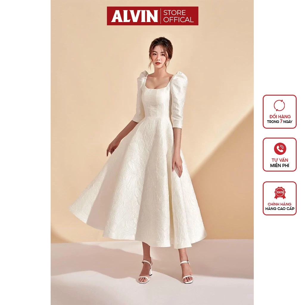 Đầm dạ hội kiểu xoè cổ vuông tay phồng lửng Alvin Store 0937