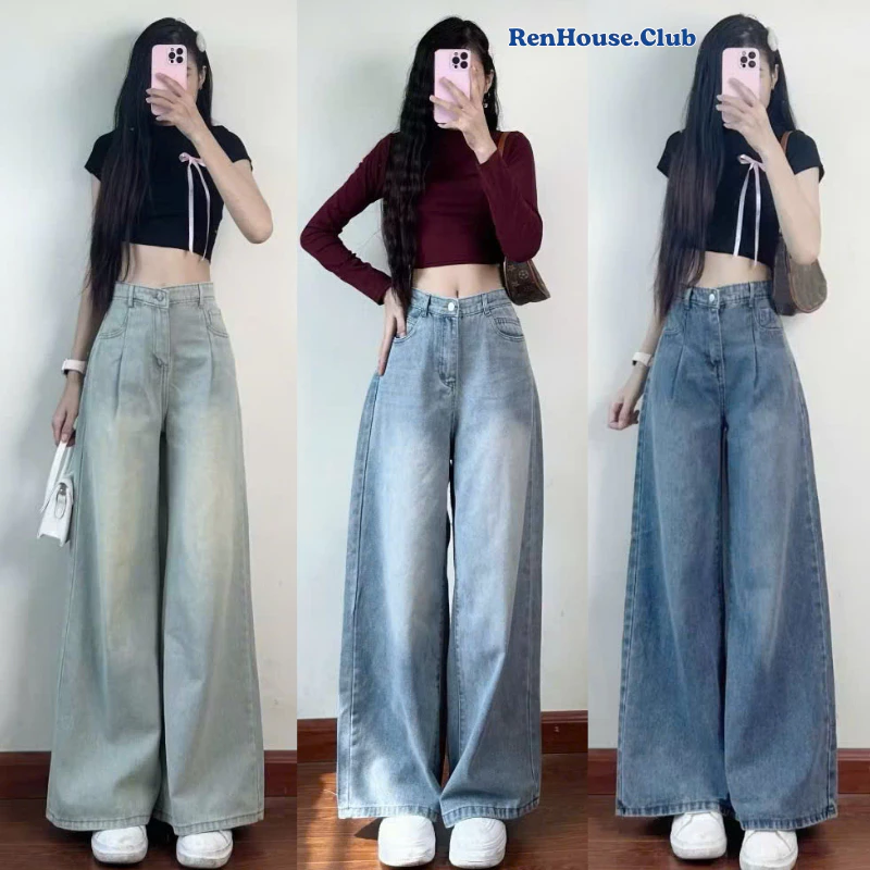 Quần Jean Ống Rộng Renhouse Nhiều Màu Quần Bò gấp li Ống Suông Unisex Quần jean mềm lưng cao tôn dáng Retro BASIC