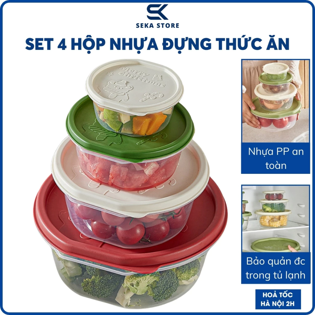Set 4 Hộp Nhựa Đựng Thực Phẩm, Hộp Nhựa Bảo Quản Thức Ăn Tủ Lạnh Cao Cấp