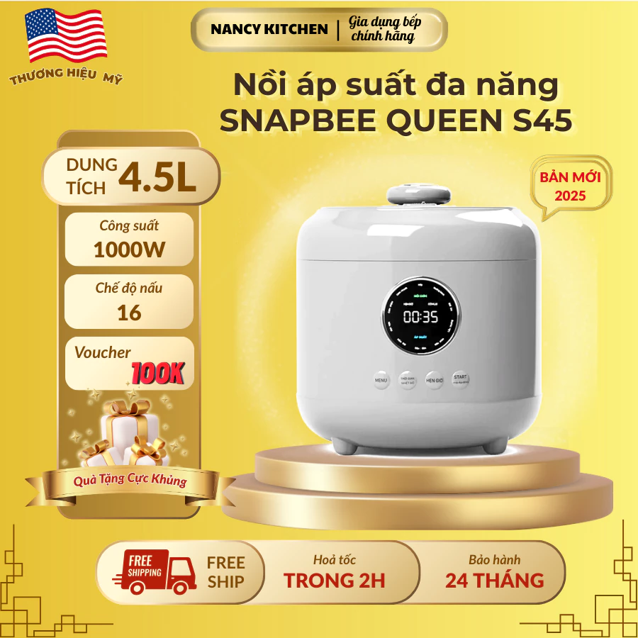 Nồi áp suất đa năng Snapbee Queen S45 - thể tích 4.5 lít - Công suất 1000-nồi nấu chậm-2 lòng nồi
