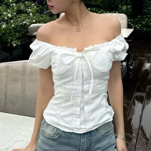 Áo Kiểu Linen Viền Ren Tay Bo Áo babydoll nữ kiểu Linen tay phồng nơ ngực công chúa phong cách-A642