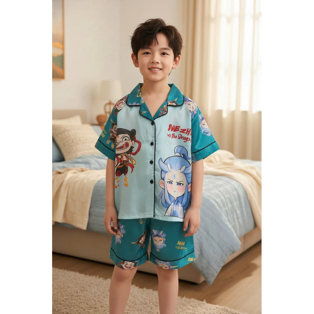 Bộ pijama trẻ em áo cộc, quần đùi vải lụa latin họa tiết natra | Đồ ngủ trẻ em cao cấp, mềm mát, mặc ở nhà