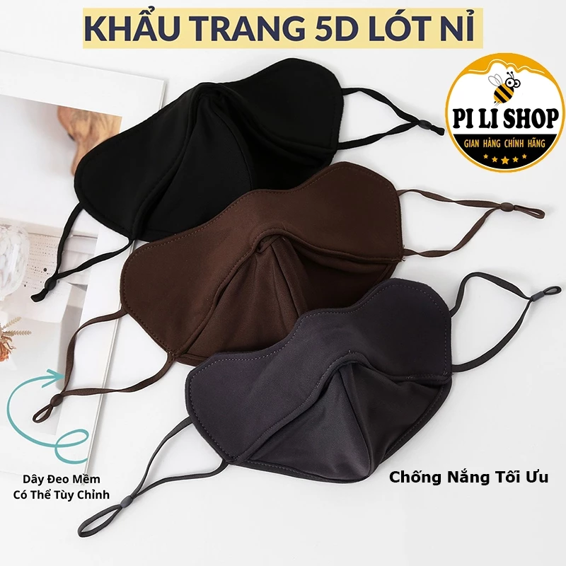 Khẩu Trang Chống Nắng 5D Ngăn Chặn Bụi Mịn Tối Ưu, Khẩu Trang Vải Nữ Lớp Trong Lót Vải Nỉ Mềm Mịn