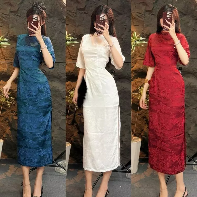 G07 - Đầm Sườn Xám Cách Tân Cổ Tàu Xẻ Tà 2 Bên Vải Lụa Gấm Sang Trọng, Tôn Dáng - Ngọc Lucie