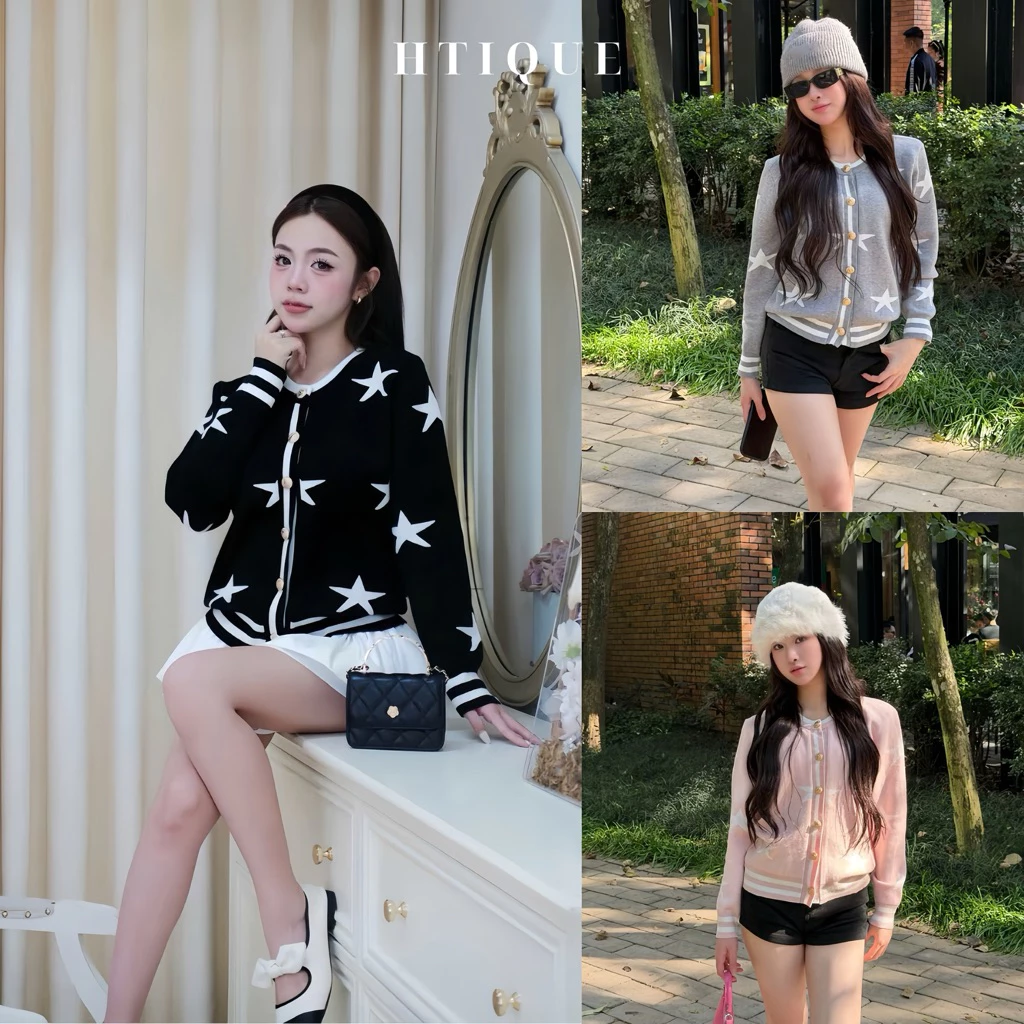 (BST Thu Đông HTIQUE) Áo cardigan len đen họa tiết ngôi sao cúc vàng, áo len dệt kim nữ sang chảnh LA25