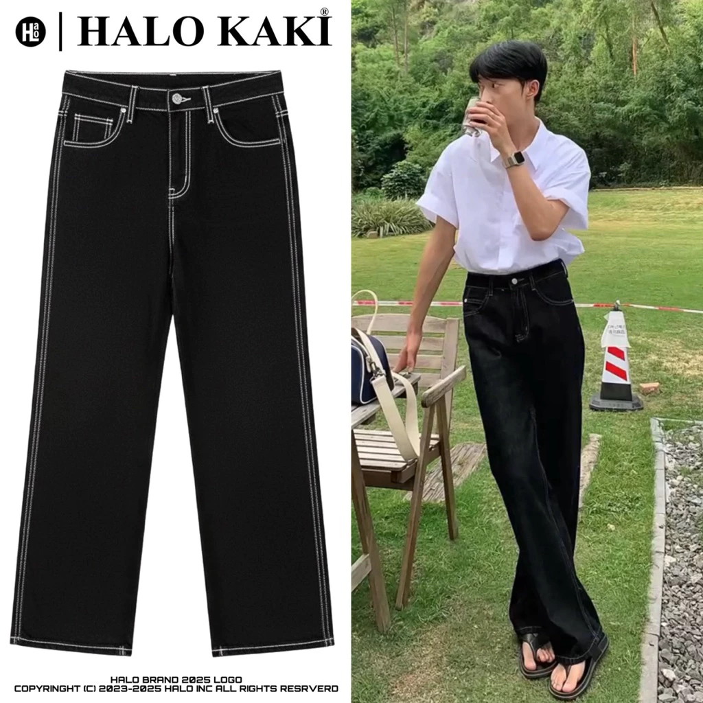 JEANS ĐEN CHỈ NỔI -  Quần jeans ống rộng chỉ nổi form  phủ gót chùm giày hàng quảng châu cao cấp HALO KAKI