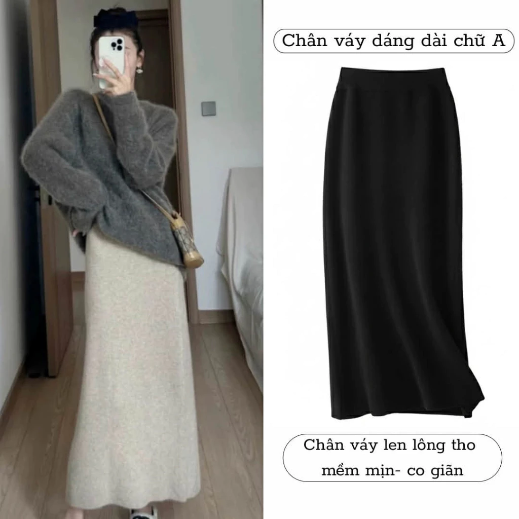 Chân Váy Dáng Dài Chữ A Midi Chất Len Lông Tho Lưng Chun Dáng Basic