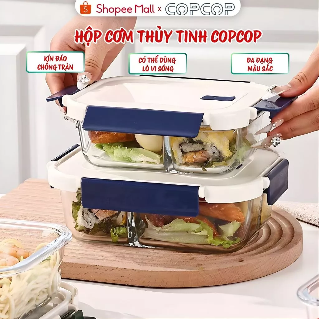Hộp cơm thủy tinh COPCOP hộp cơm văn phòng, hộp đựng cơm chống tràn, chịu nhiệt tốt, dùng lò vi sóng