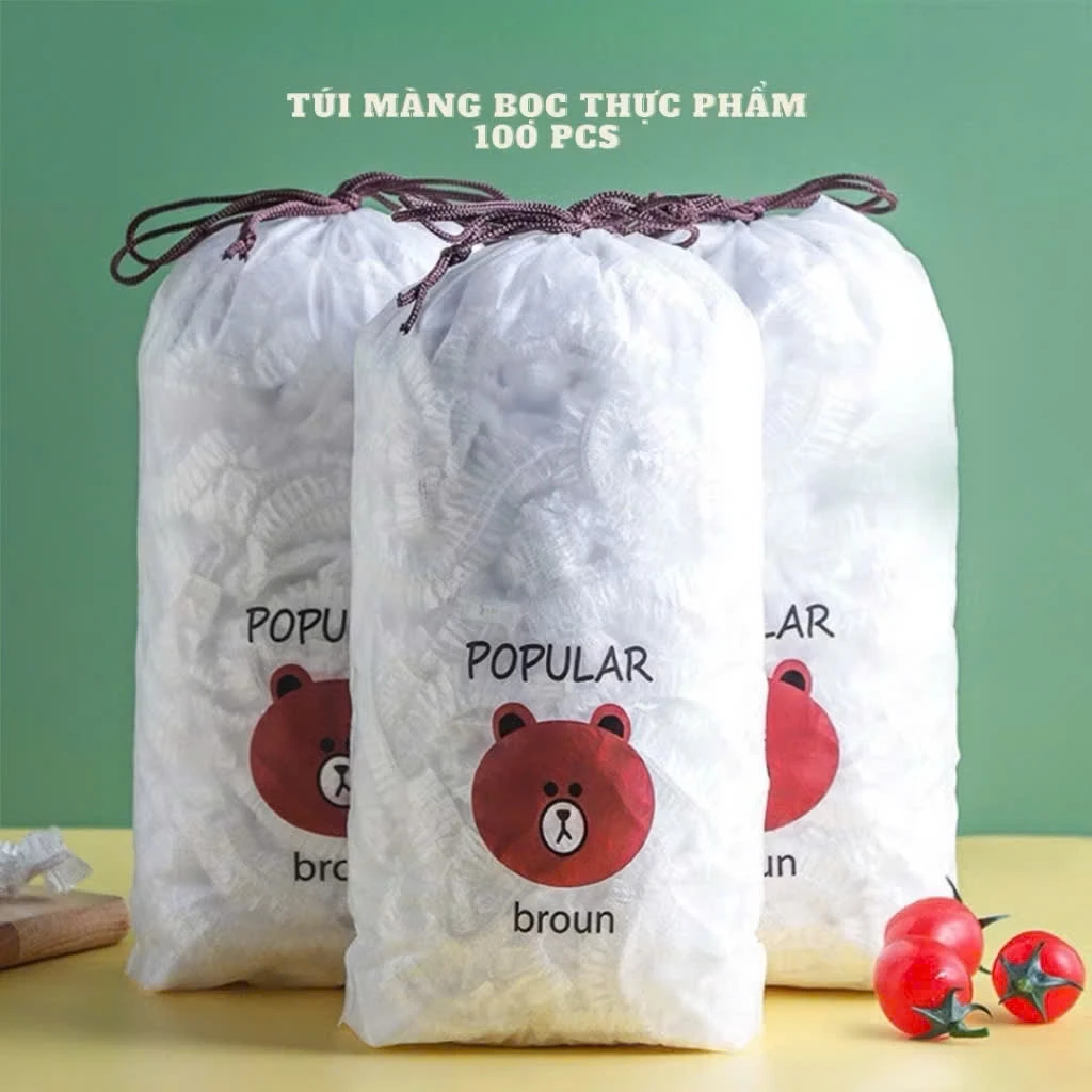 (COMBO 10 TÚI, MỖI TÚI 100 CÁI) Màng bọc thực phẩm co giãn siêu dai chất liệu PEcó chun chắc chắn-Mũ chùm đầu