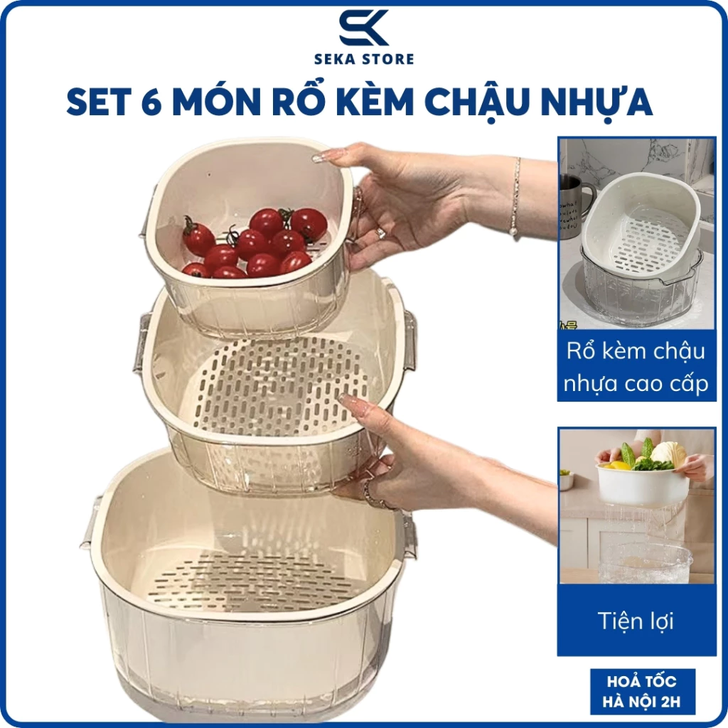 Rổ Nhựa 2 Lớp Có Tay Cầm, Set 6 Món Rổ Kèm Chậu Rửa Rau Củ Tiện Lợi