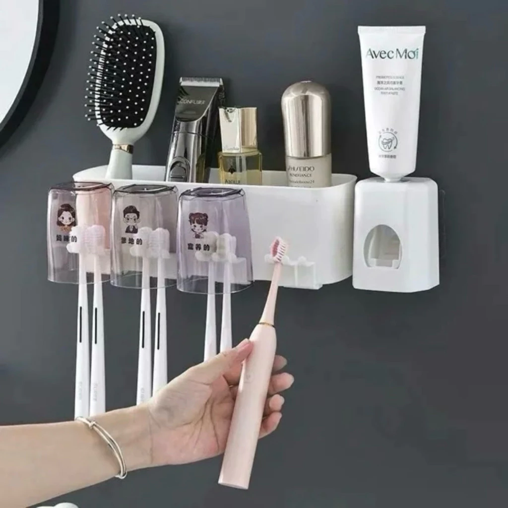 Bộ Nhả Kem Đánh Răng Tự Động Cao Cấp Kèm 4 Cốc Dán Tường và Bàn Chải - TT79