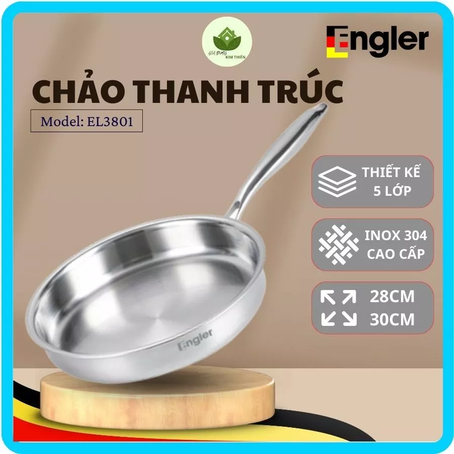 Chảo cạn lòng nguyên khối Engler EL3801 Size 28/30cm , inox 304 Chống Dính Dẫn Nhiệt Tốt - Gia Dụng Thiên Kim
