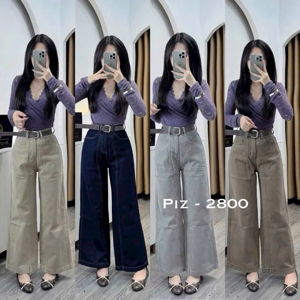 Quần Bò Jeans Nữ Ống Rộng, Quần Bò Denim Suông Ống Rộng 4 Màu Phối Viền Gấu To Bản Cạp Cao Siêu Hách Dáng Cực Đỉnh