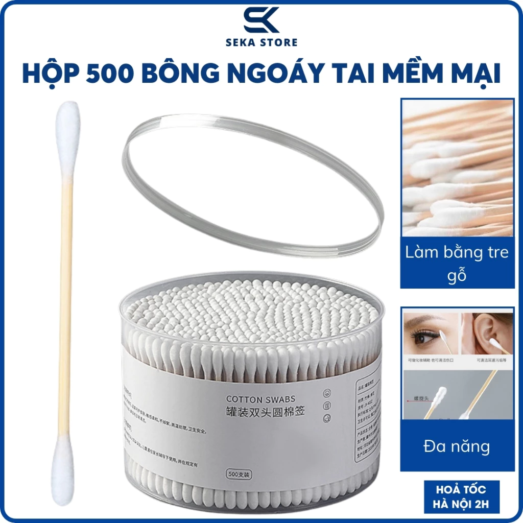 Hộp 500 Tăm Bông Ngoáy Tai Thân Gỗ Bảo Vệ Môi Trường, Bông Ráy Tai