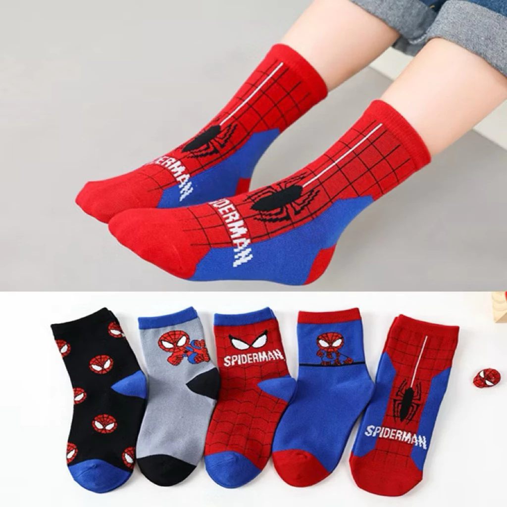 Set 5 đôi tất cotton cổ cao siêu nhân nhện bé trai , gái sợi bông mềm mại thoáng khi khử mùi từ 1-12 tuổi