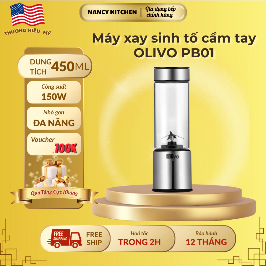 Máy Xay Sinh Tố Cầm Tay OLIVO PB01–Xay Được Đá Viên-Sạc tích điện-Nhỏ Gọn-Tiện Lợi- 450ML