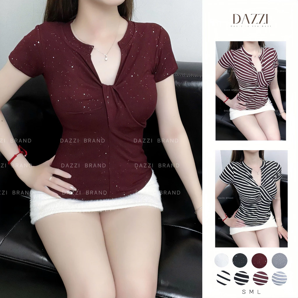 [MỞ BÁN] Áo thun nữ hoạ tiết kẻ sọc và kim tuyến cổ V xoắn vạt bầu vải cotton mịn DAZZI Women A059