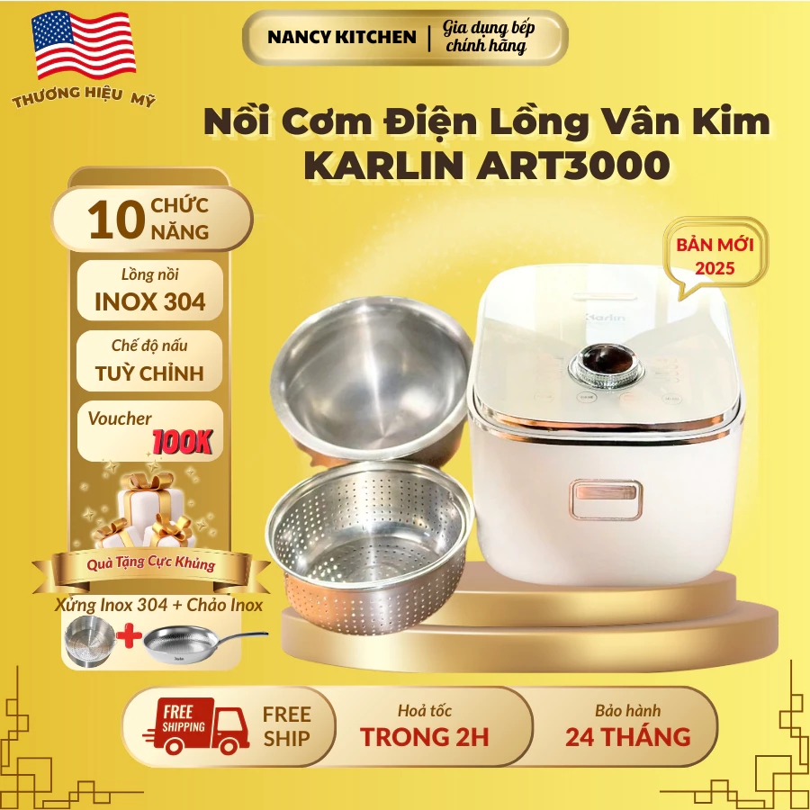 [Chính hãng] Nồi Cơm Điện Lồng Inox Karlin ART3000, 11 Chức Năng, Nấu Cơm Tách Đường, Tặng Xửng