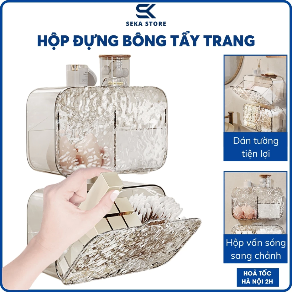 Hộp Đựng Bông Tẩy Trang, Bông Tăm, Đồ Trang Điểm Dán Tường 2 Ngăn Vân Sóng Sang Trọng
