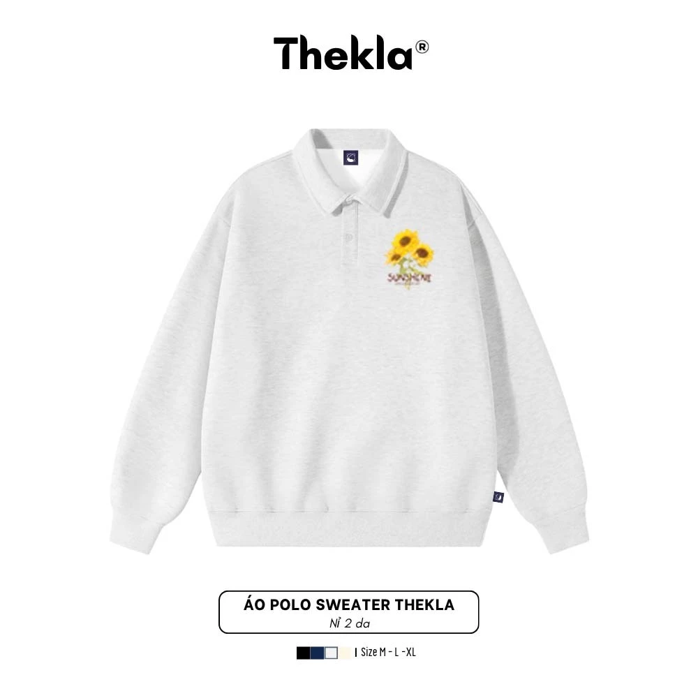 Áo Nỉ 2 Da Polo Cổ Bẻ Dáng Xuông Form Rộng By Thekla Hình Hoa Hướng Dương-BST434 Unisex Cho Nam Nữ Giữ Ấm Thu Đông