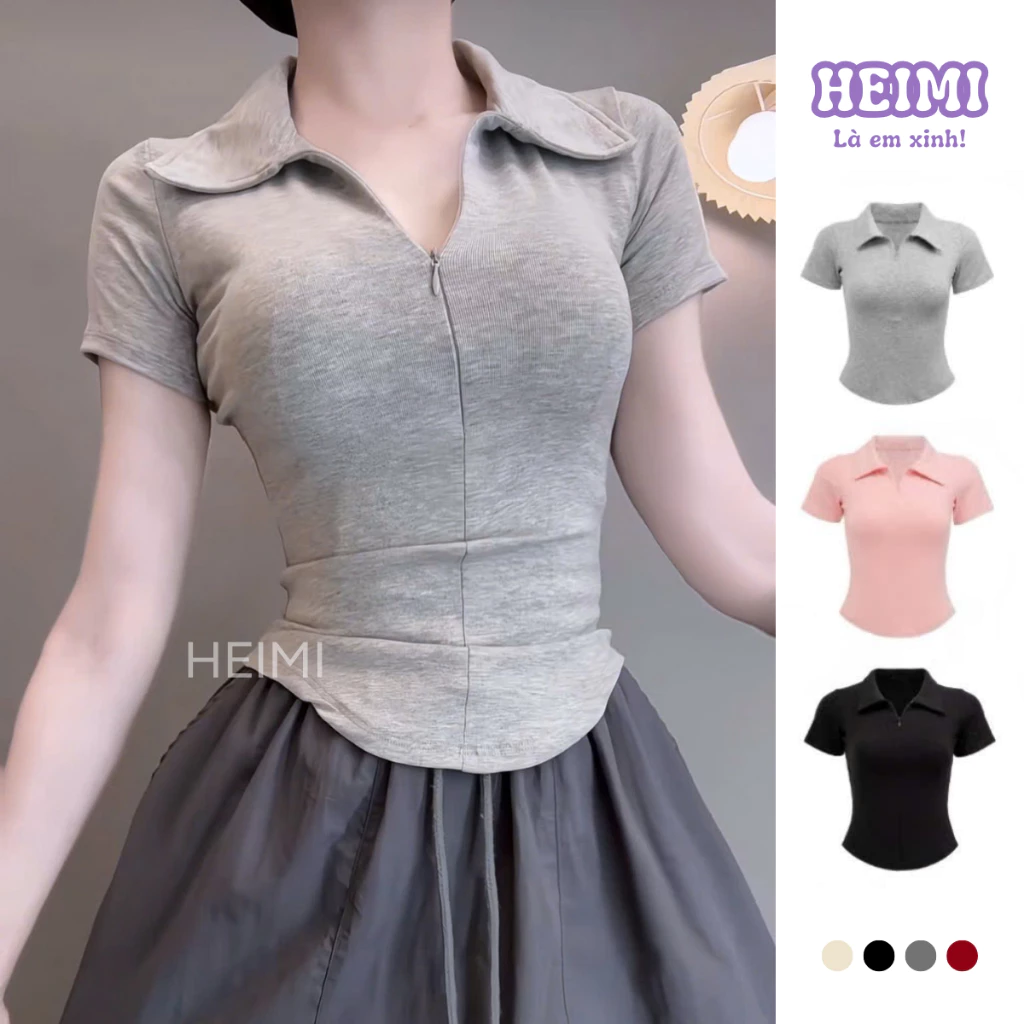 Áo Thun Nữ Cổ Bẻ Phối Dây Kéo Form Ôm Body Chất Vải Thun Cotton Mịn Co Giãn HEIMI
