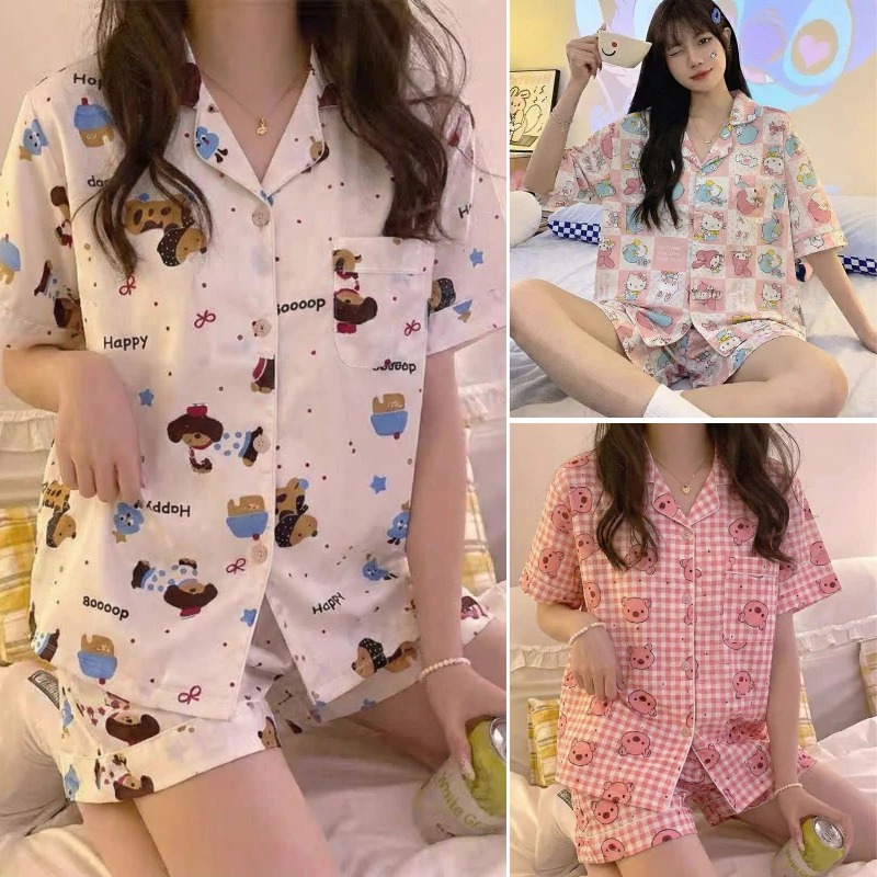 Bộ pijama CỘC ĐÙI kate thái, bộ ngủ áo cộc quần đùi hình cute mềm mát