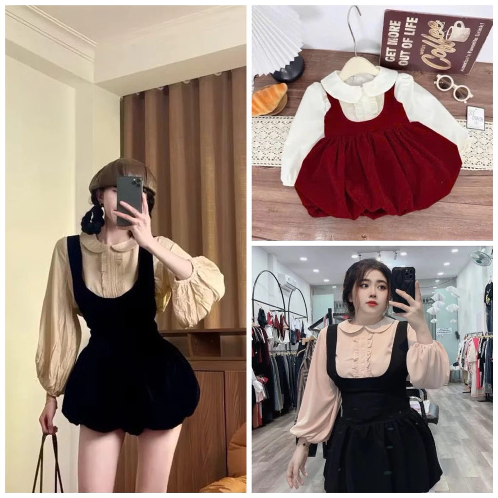 [Bigsize 60-90kg] sét yếm bí váy + áo sơ mi lụa mã 530