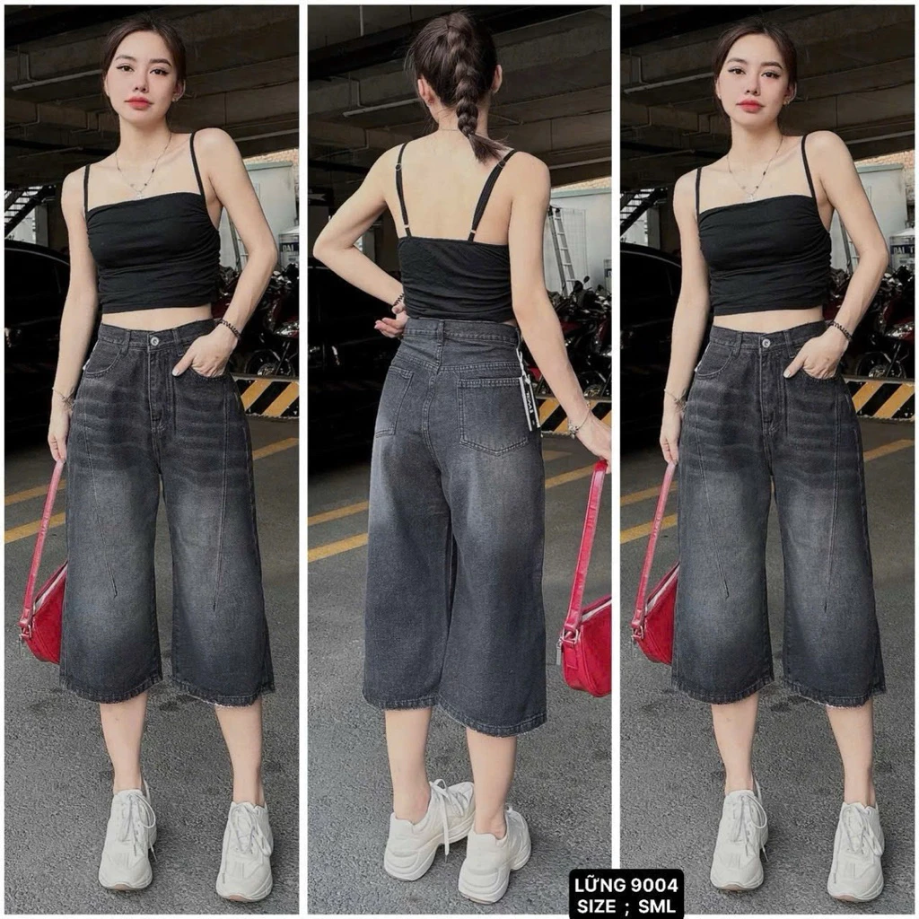 Quần ngố lửng  phom chữ A dáng xoè qua gối,Quần ngố nữ dáng baggy ống rộng