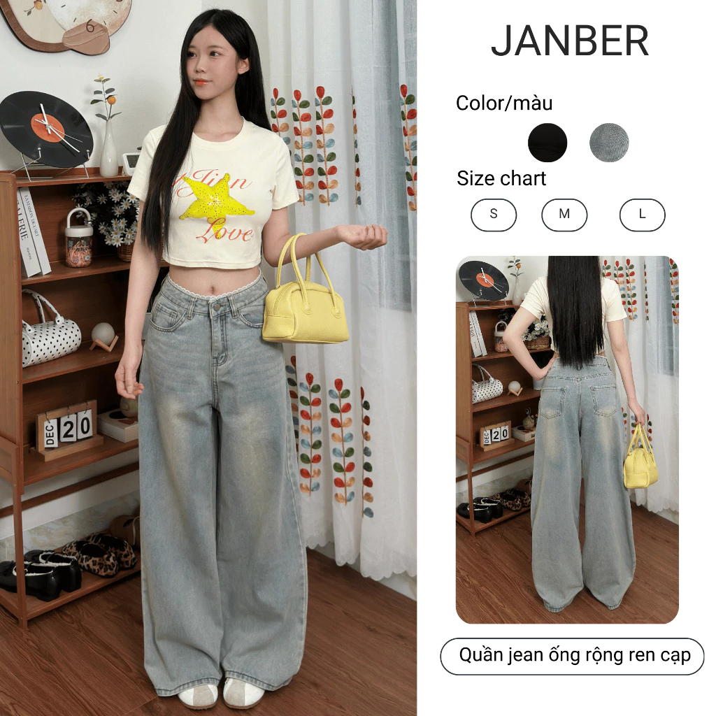 (JANBER - DEAL MỞ BÁN) Quần jean nữ ống suông rộng phối ren cạp 2 màu form basic trẻ trung T01
