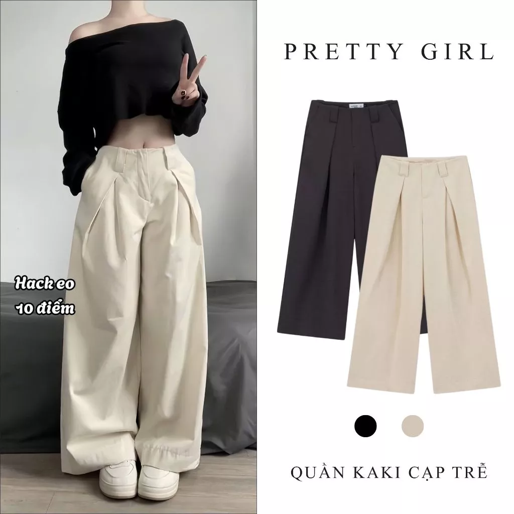 Quần Kaki Cạp Trễ Ống Rộng Basic Pretty Girl Phong Cách Hàn Quốc