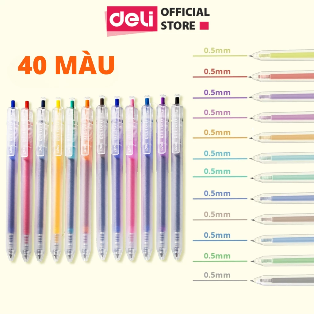 [40 MÀU MỚI] Bút Bi Nước Mực Gel Bấm Nhiều Màu Nhanh Khô 0.5mm Deli-Viết Bi Học Sinh Văn Phòng Mực Đều Lâu Hết Mực EG118