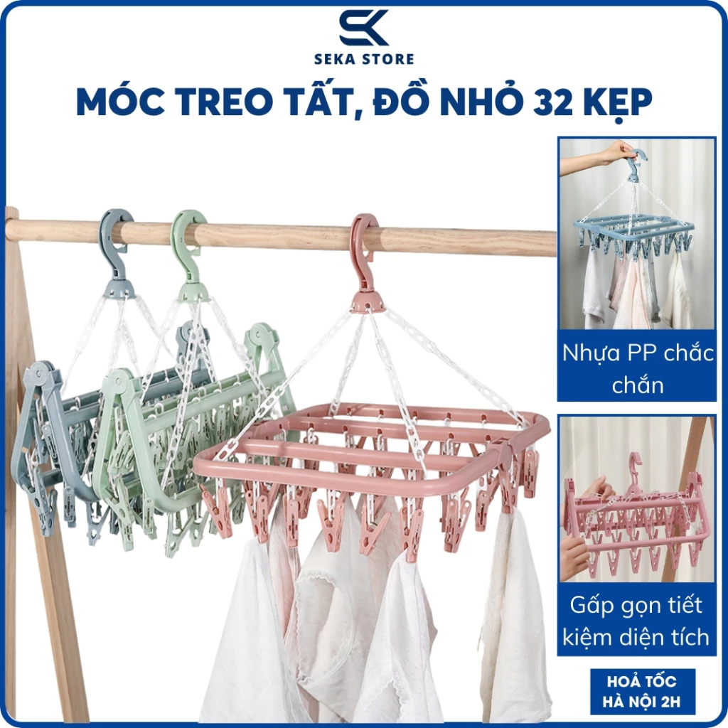 Móc Treo Quần Áo 32 Kẹp, Móc Chùm Nhựa Phơi Đồ Cho Bé Gấp Gọn