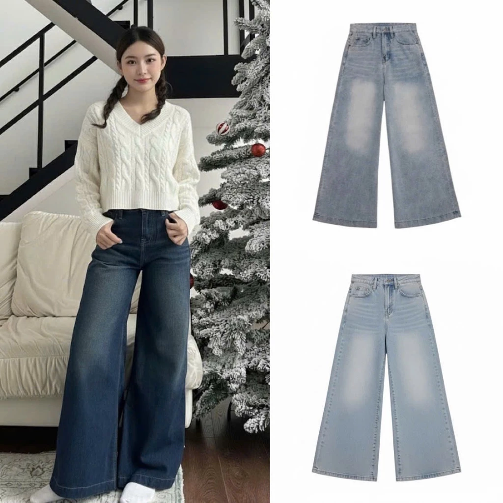 Quần Jean Ống Rộng Loe 33cm gập gấu 4 cm Cạp Cao Siêu Tôn Dáng , Quần Ống Suông Chiều Dài 100cm đủ size XS-XL