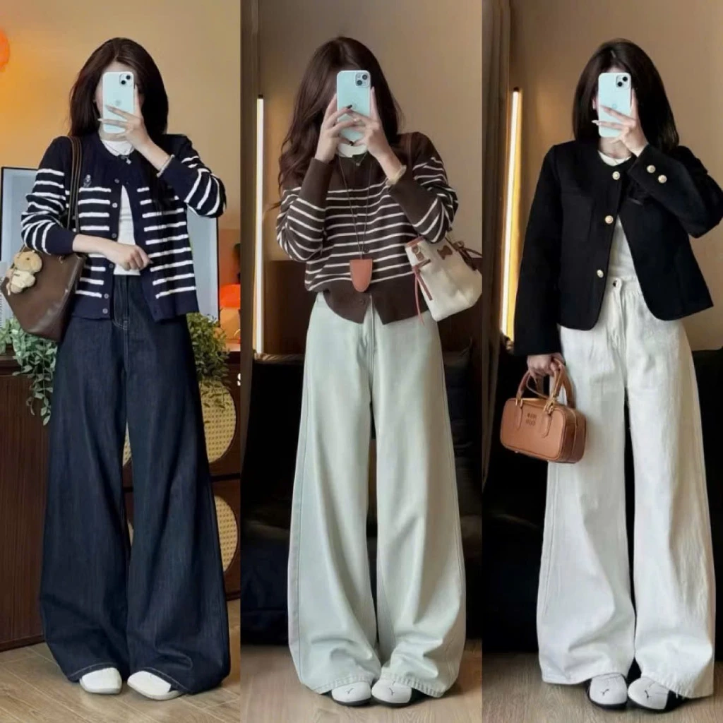 Quần Jean Nữ ống rộng 34cm Lưng Cao Màu Trắng Dáng Rộng Cạp Cao Đầy Đủ Size