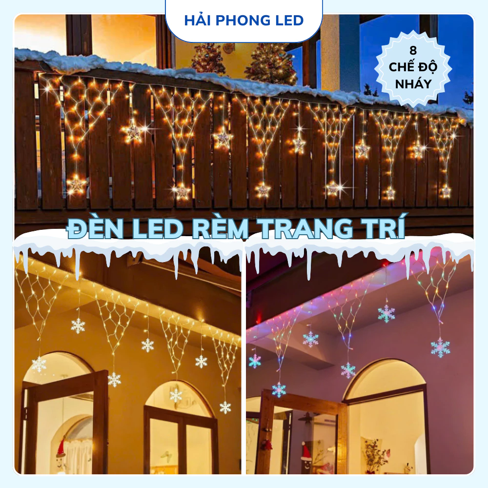 [HÀNG MỚI] Đèn Led Rèm Bông Tuyết Trang Trí Giáng Sinh Noel 8 Chế Độ Nháy Dùng Đầu USB 5V Dài 4,5m