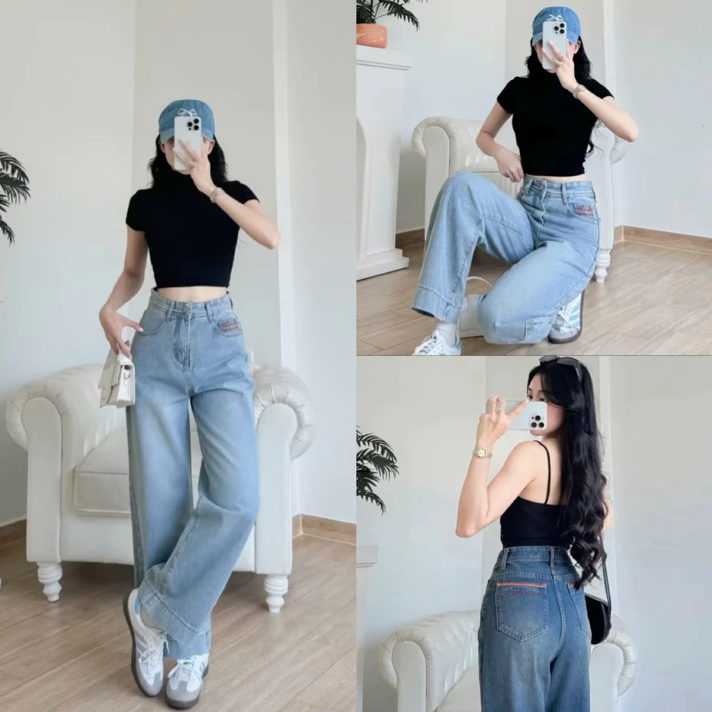 (Nấm 93cm)-(S-XL) QUẦN JEANS SUÔNG NỮ, QUẦN BÒ NỮ PHỐI TÚI SAU KIỂU, LAI TO BẢN THỜI TRANG DÀNH CHO NẤM LÙN MS 215