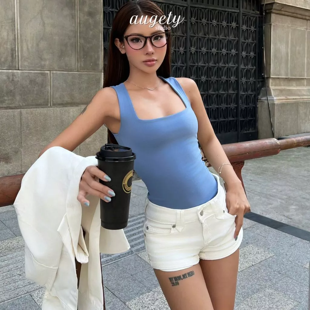 Quần Short Jean Nữ Cạp Thấp Thêu Chữ A Tôn Dáng Co Giãn Nhẹ Basic Augety Studio, CECE SHORTS