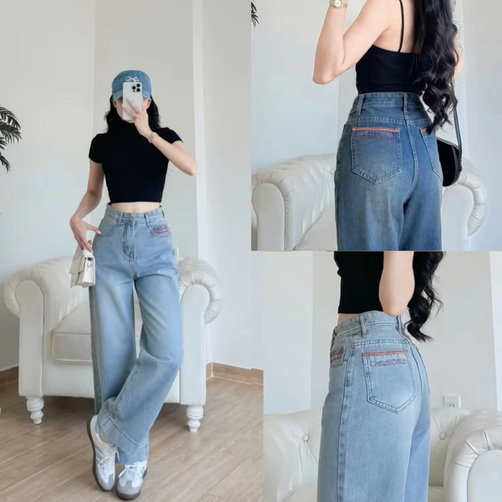 (Nấm 95cm)-(S-XL) QUẦN JEANS SUÔNG NỮ, QUẦN BÒ NỮ PHỐI TÚI SAU KIỂU, LAI TO BẢN THỜI TRANG DÀNH CHO NẤM LÙN MS 215