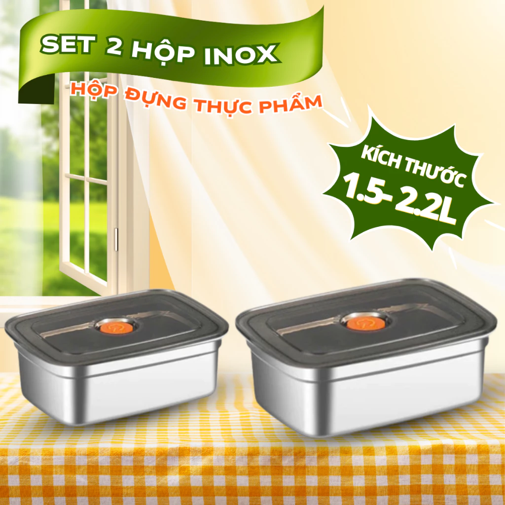 Set 2 Hộp Đựng Thực Phẩm Inox Có Nắp Đậy Lỗ Thoát Khí, Hộp Bảo Quản Thức Ăn Chịu Nhiệt Tiện Dụng