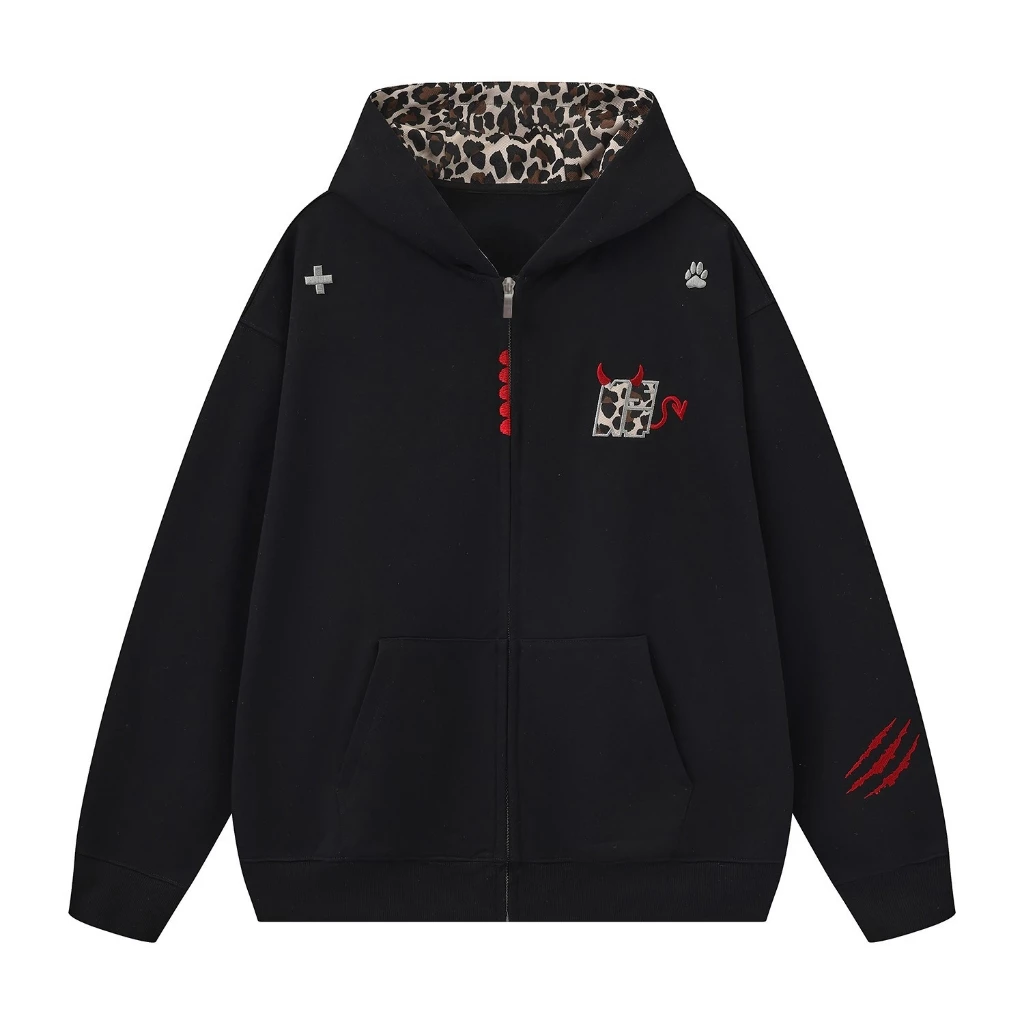 Áo Khoác Hoodie FKZ Mũ Trùm Đầu Lót Họa Tiết Leopard Unisex Form Rộng Áo Khoác Nỉ Zip Có Tai Mèo Dễ Thương