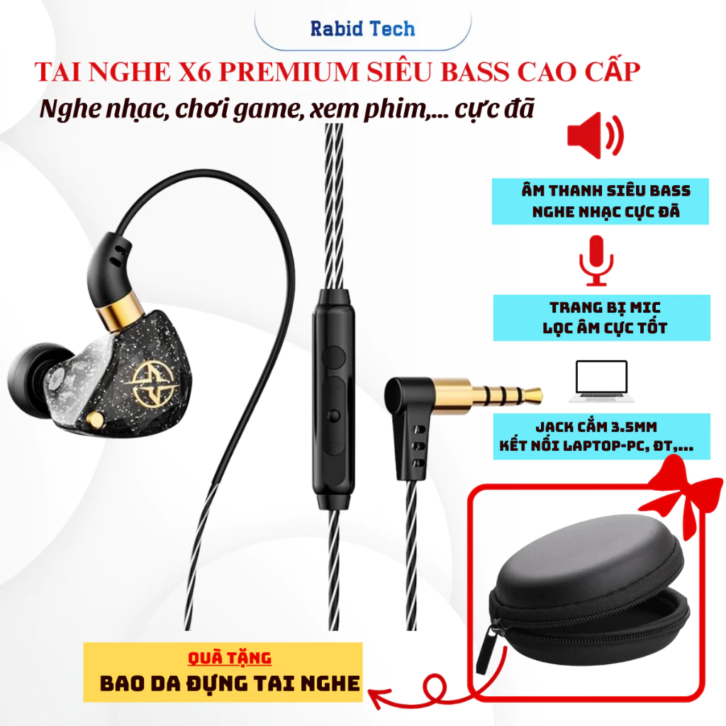Tai Nghe Dây Nhét Tai Chống Ồn Rabid Tech X6 Bass Hay - Tích Hợp Mic - Jack 3.5 Nghe Nhạc, Chơi Game