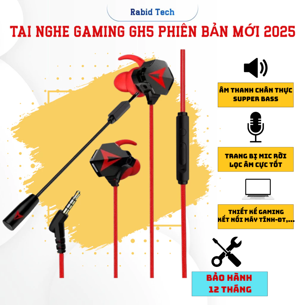 Tai Nghe Gaming Rabid Tech 2025 GH5 Gamer Pro Phiên Bản Nâng Cấp sendem S2 Chống Ồn Cao Cấp, Tặng Bộ Phụ Kiện Mic Rời