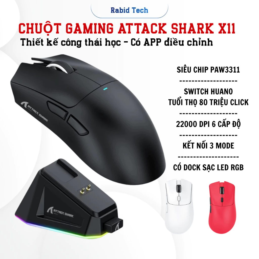 Chuột Gaming Không Dây Bluetooth Chuyên Gaming Rabid Tech Attack Shark X11 Chip Khủng PRO PAW3311, DPI 22000, ...