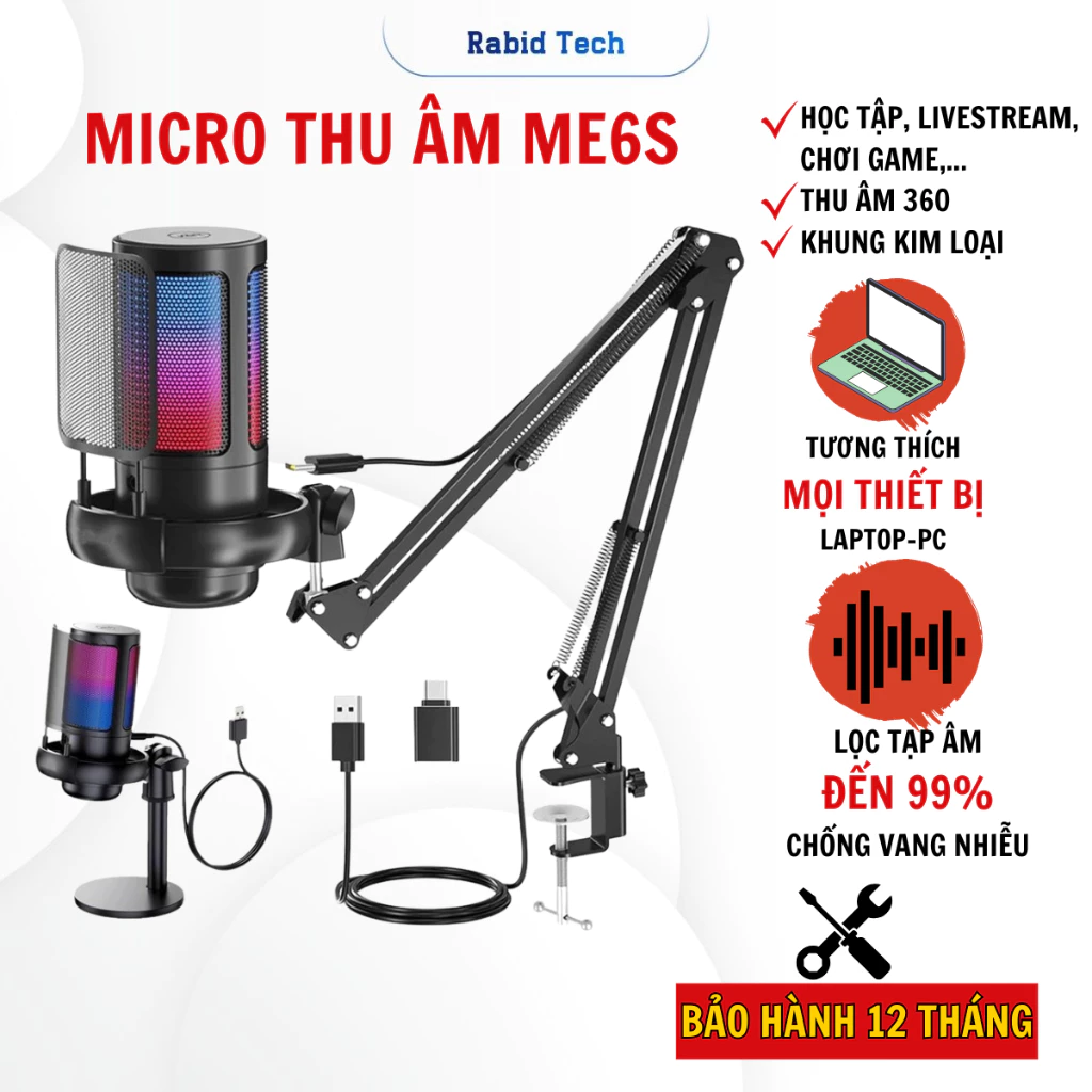 Micro Thu Âm Livestream Chuyên Nghiệp ShouFei ME6S Lọc Tạp Âm, LED RGB, Thu Âm 360° Cho Pc Laptop