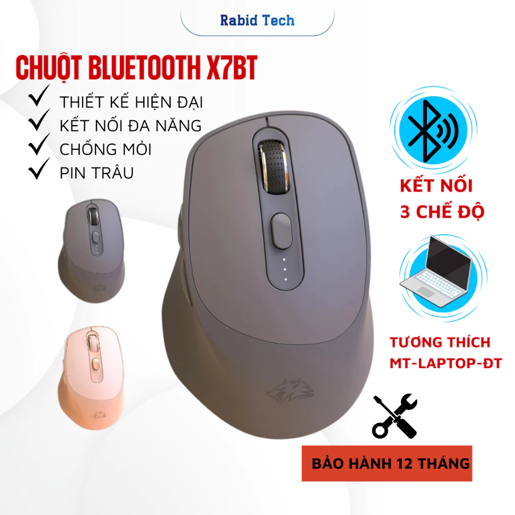 Chuột Không Dây Máy Tính Bluetooth RABIDTECH X7 Wireless Pin Sạc Kết Nối 2 Mode với Tablet-Laptop-PC