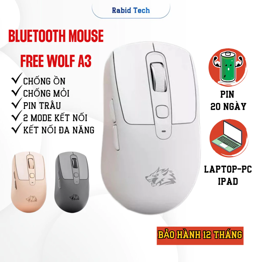 Chuột Không Dây Bluetooth RABID TECH Free Wolf A3 Pin Sạc, Chống Ồn Cho Máy Tính , Laptop, Ipad