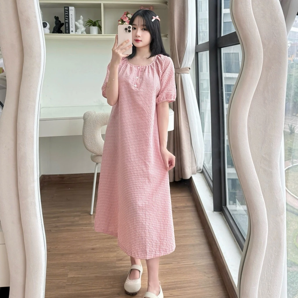SẢN PHẨM MỚI Đầm ngủ caro vải xốp hàn dáng dài xuông rộng, mặc nhà hoặc đi chơi, bà bầu mặc được NT17 - tiệm đồ ngủ Nana