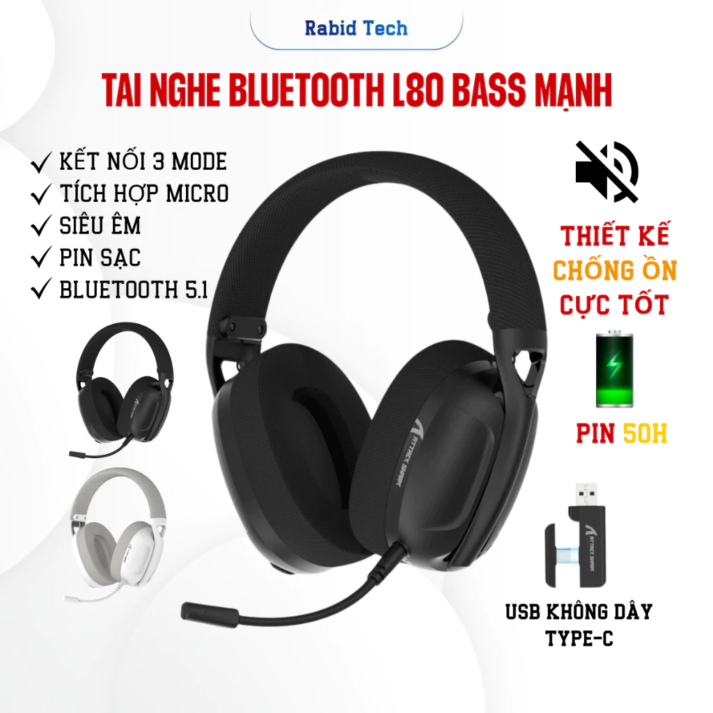Tai Nghe Không Dây Chụp Tai Bluetooth Attack Shark L80 Super Bass, Âm Thanh Vòm, Có Mic Chơi Game Giải Trí