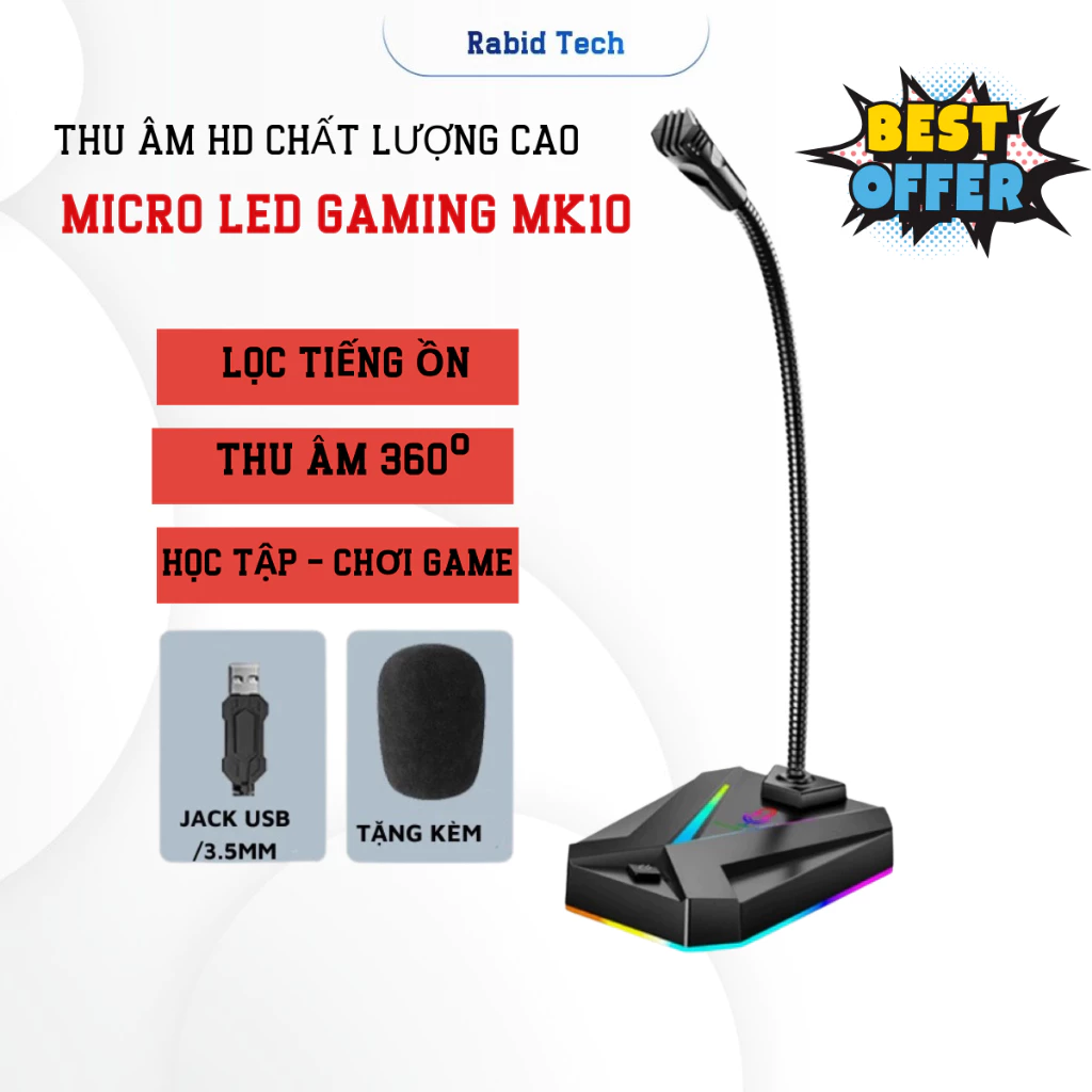 Micro Máy Tính, Laptop RABID TECH MK10 Jack USB Có LED Thu Âm 360 Độ Lọc Tiếng Ồn ,Cho Học Tập, Thuyết Trình,Chơi Game